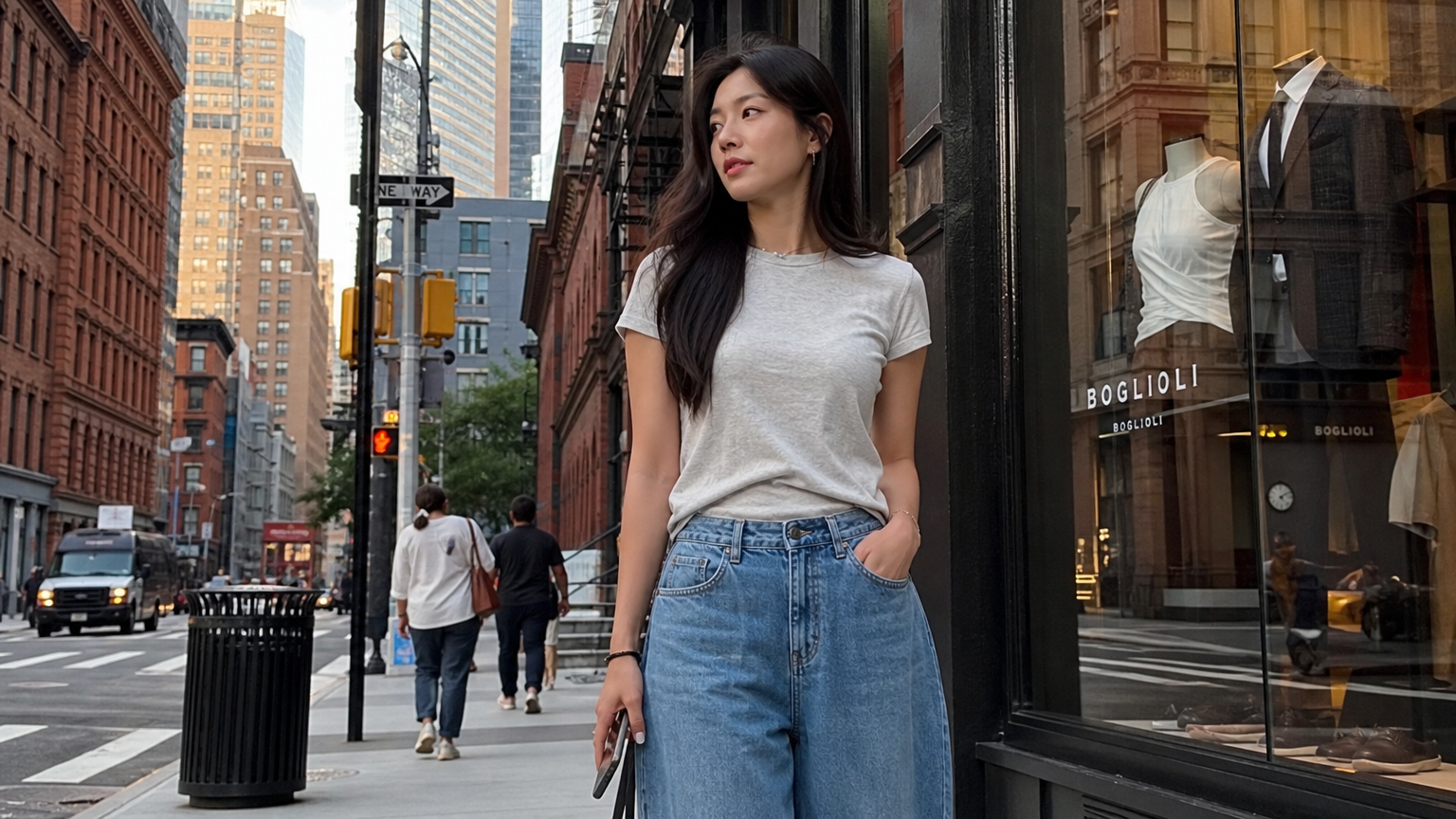 뉴욕 거리에서 베이식 티셔츠와 와이드 데님 팬츠로 연출한 자연스럽고 힙한 룩