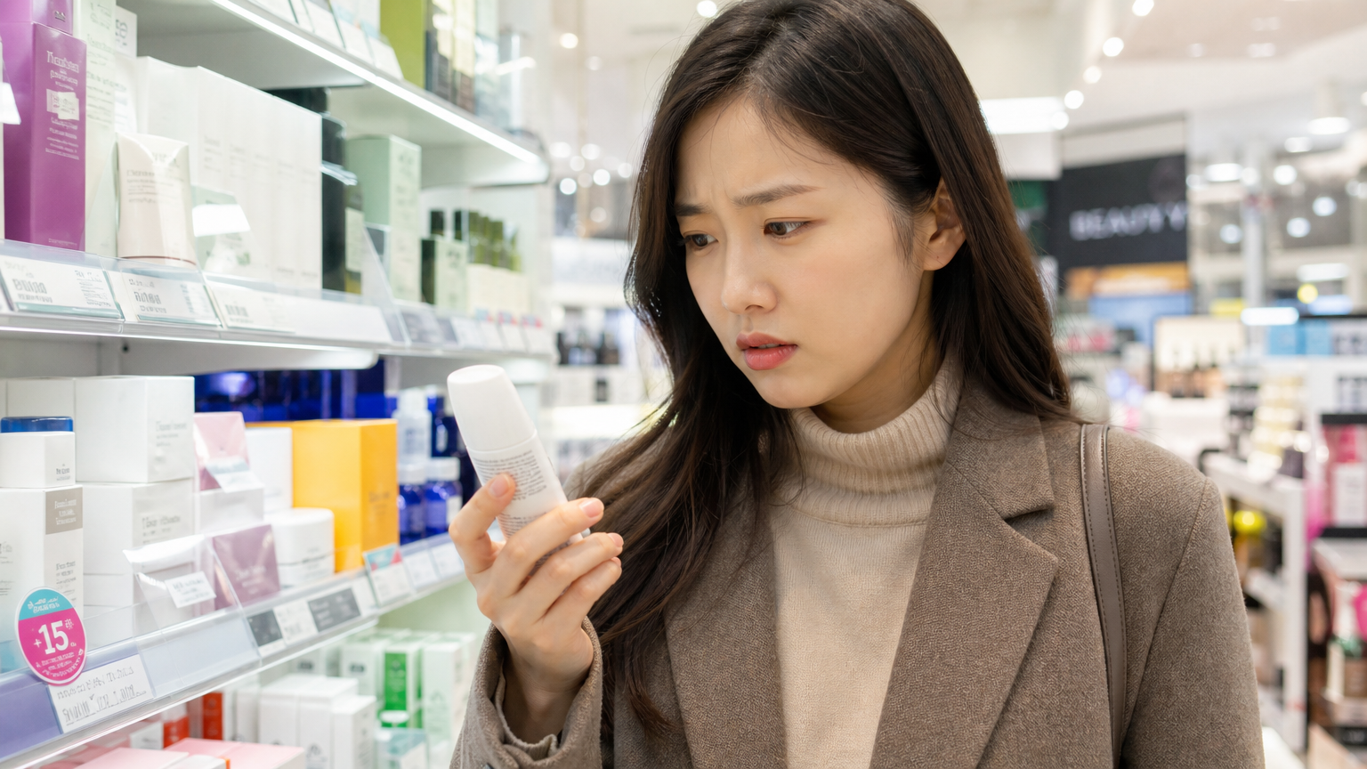 한 여성이 뷰티 스토어에서 화장품을 들고 걱정스러운 표정으로 살펴보는 모습