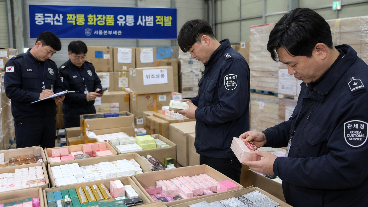 창고에서 압수된 짝퉁 화장품 상자를 검사하는 한국 경찰관들
