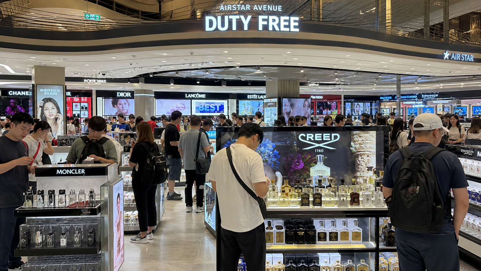 인천공항 면세점에서 여행객들이 명품 향수를 구경하는 모습
