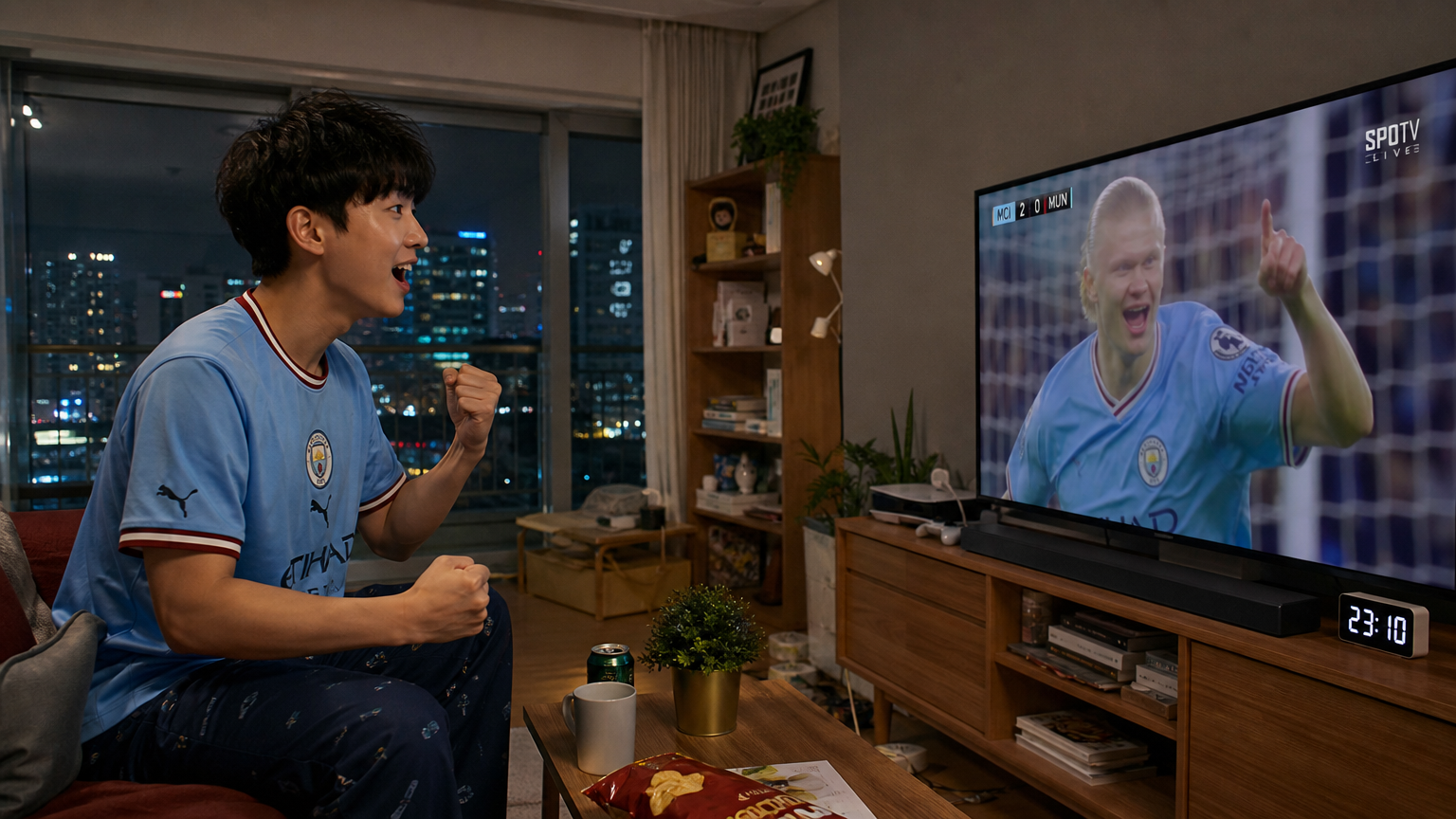 활기찬 도시 아파트에서 엘링 홀란 하이라이트를 시청하며 흥분한 표정을 짓는 한국 청소년