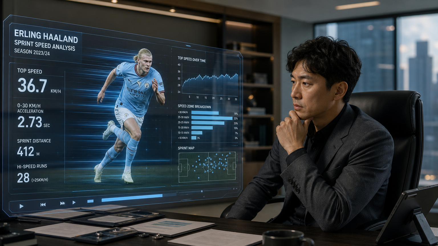 현대식 사무실에서 엘링 홀란의 스프린트 속도 데이터를 관찰하는 한국 스포츠 분석가