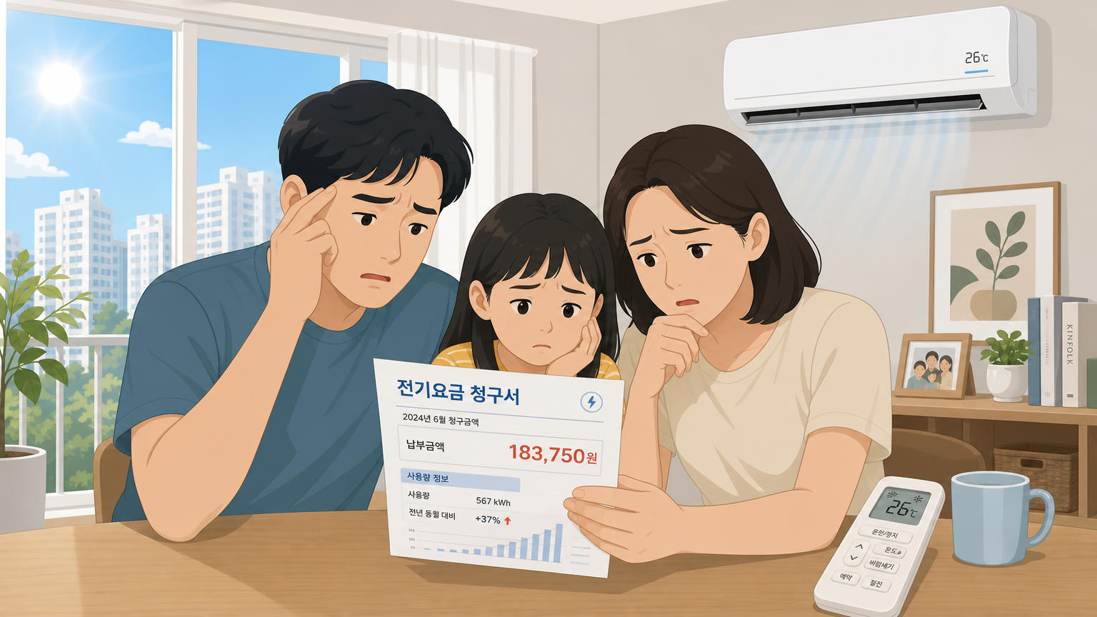현대 아파트에서 전기요금을 걱정하는 가족의 모습