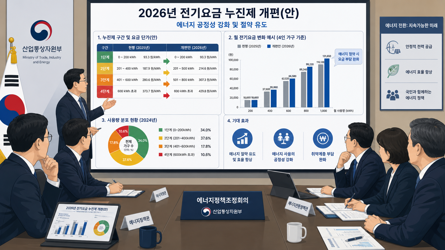 2026년 전기요금 제도 변화에 대해 논의 중인 정책 회의실