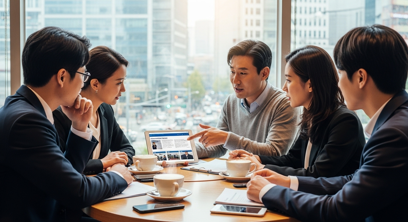 서울의 현대적인 카페에서 디지털 기기를 보며 정부 정책을 논의하는 직장인들