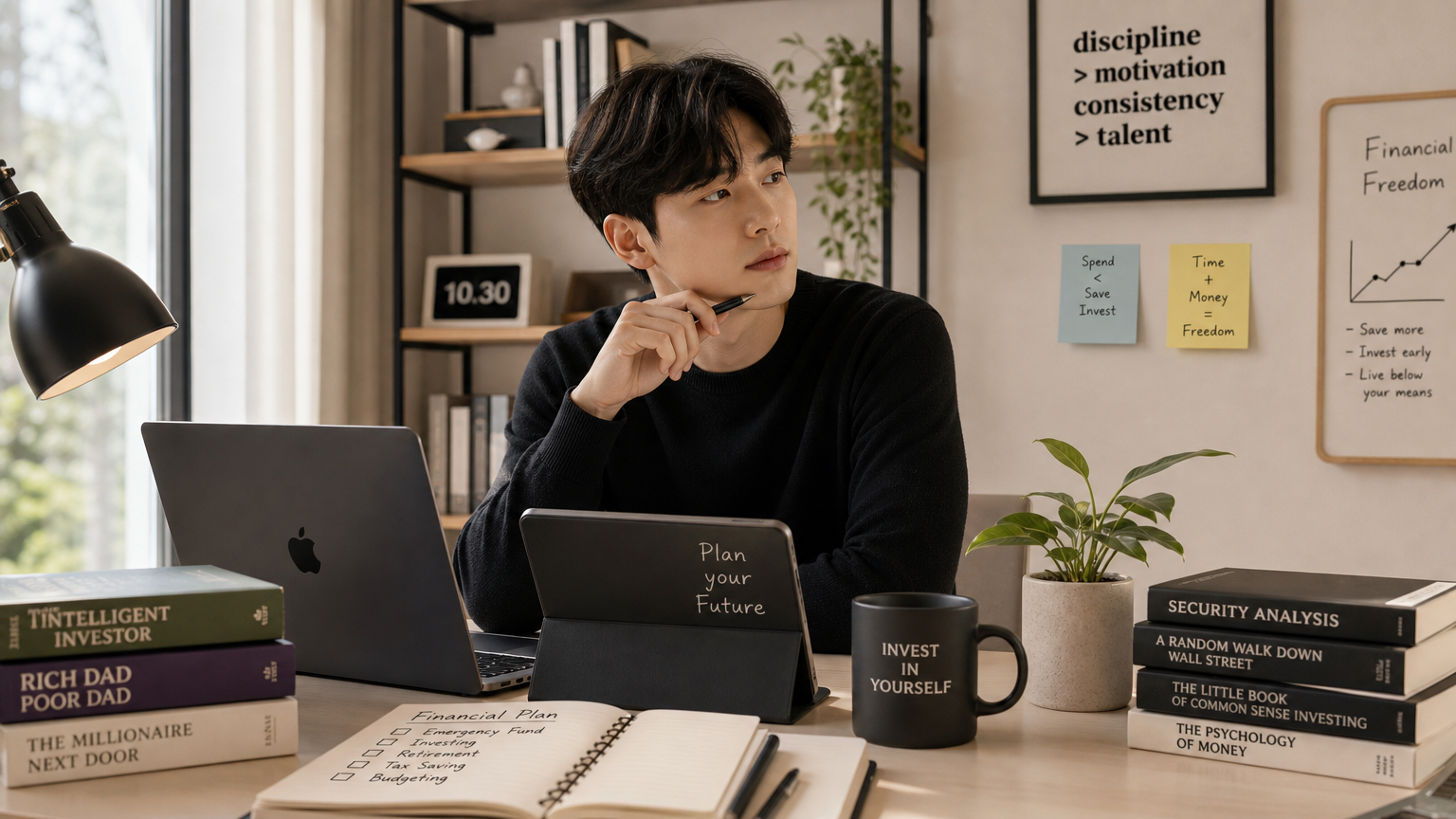 젊은 직장인이 현대적인 사무실에서 금융 계획을 고민하는 모습