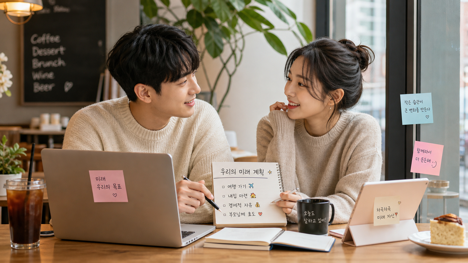 카페에서 미래 저축 계획을 논의하는 젊은이들