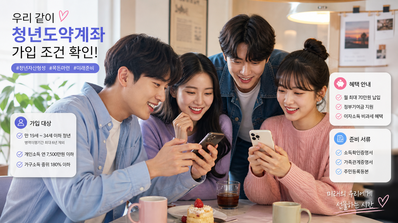 스마트폰 앱으로 적금 가입 조건을 확인하는 친구들