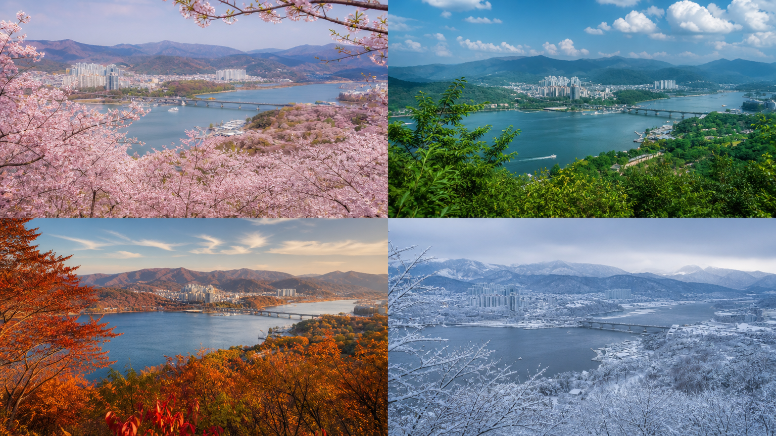 춘천의 사계절 변화를 보여주는 풍경; 봄꽃, 여름 더위, 가을 단풍, 겨울 눈