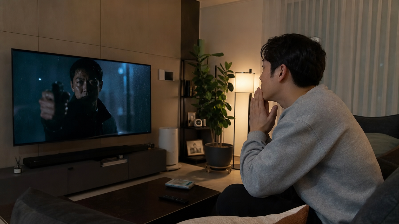 현대적인 거실에서 긴장된 표정으로 TV를 시청하는 남성