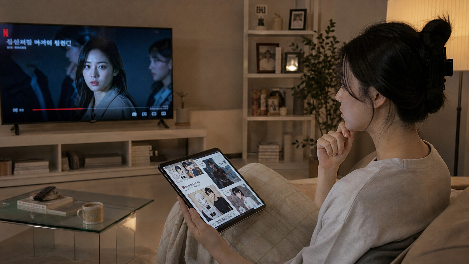 태블릿으로 웹툰을 읽으며 TV 드라마와 비교하는 여성