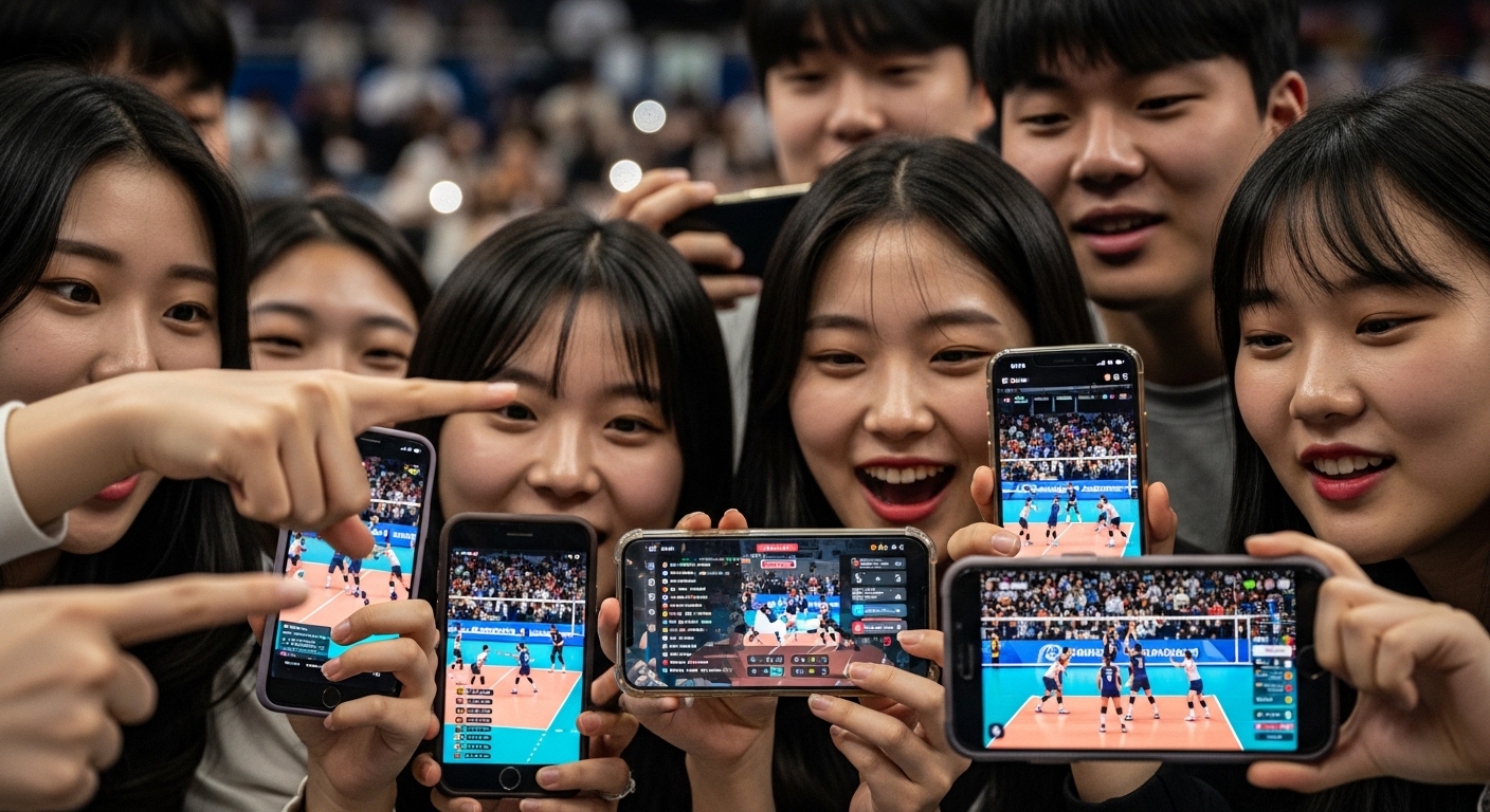 스마트폰으로 배구 경기를 라이브 스트리밍하면서 즐기는 젊은 팬들