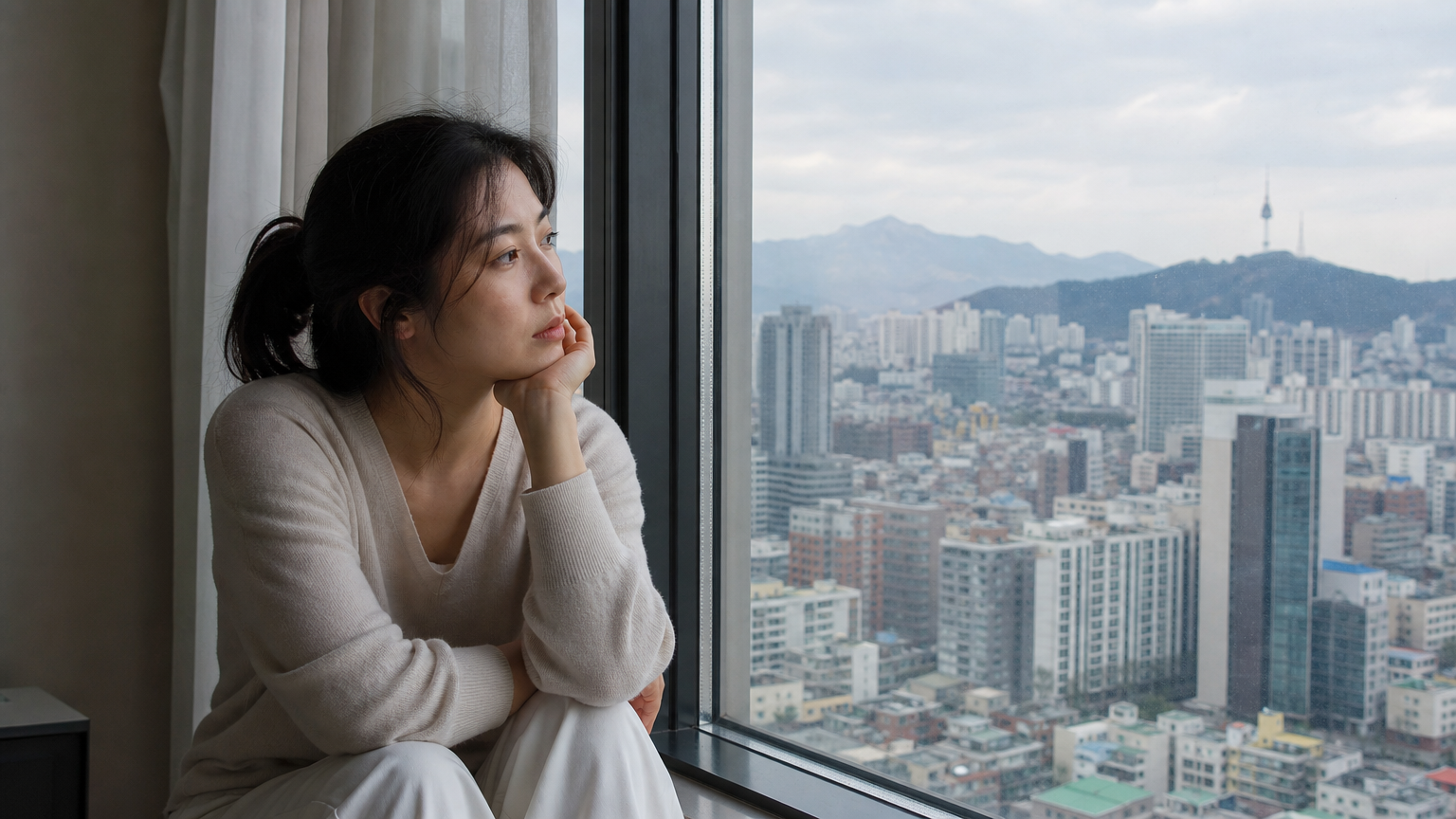 서울 고층 아파트 창문 밖을 바라보며 삶에 대해 깊이 생각하는 여성