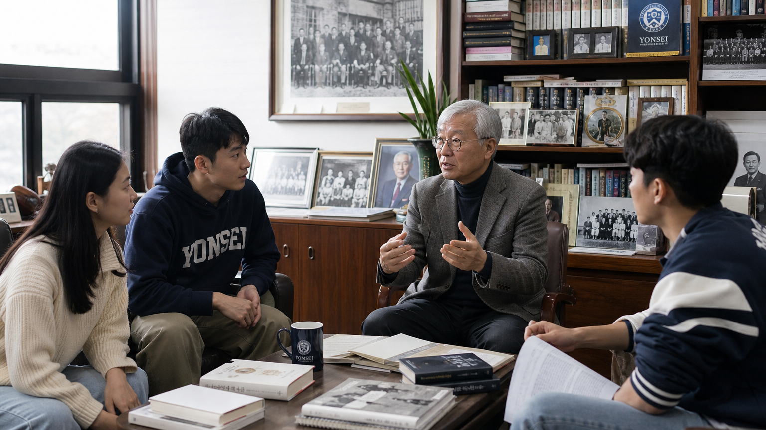 연세대학교 강의실에서 학생들에게 강연하는 노년의 교수