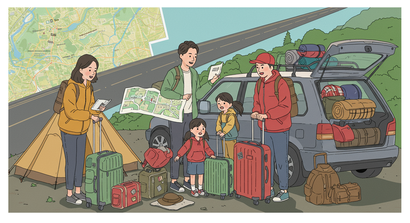 긴 여행을 준비하며 운전 계획을 논의하는 가족