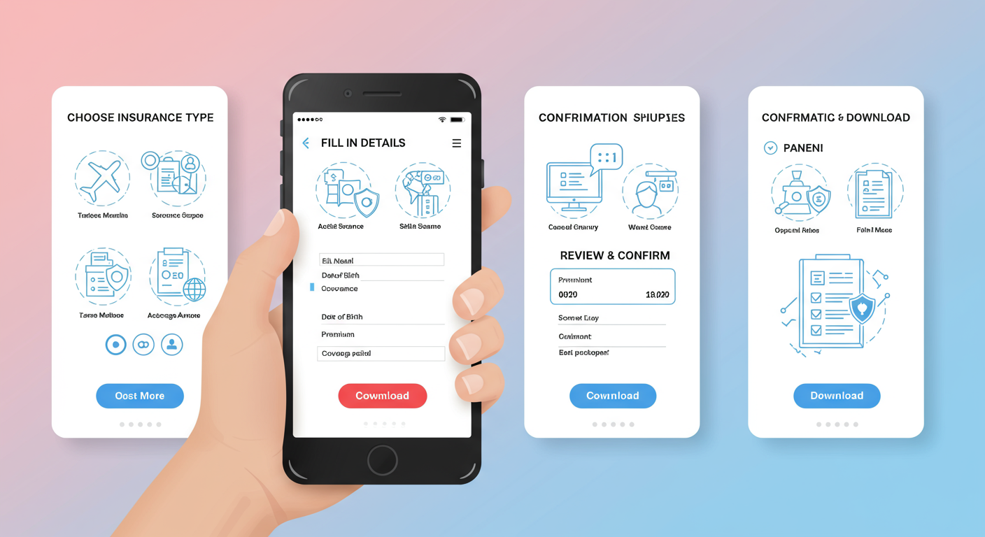 스마트폰 앱에서 단계별로 보험 신청 과정을 보여주는 화면