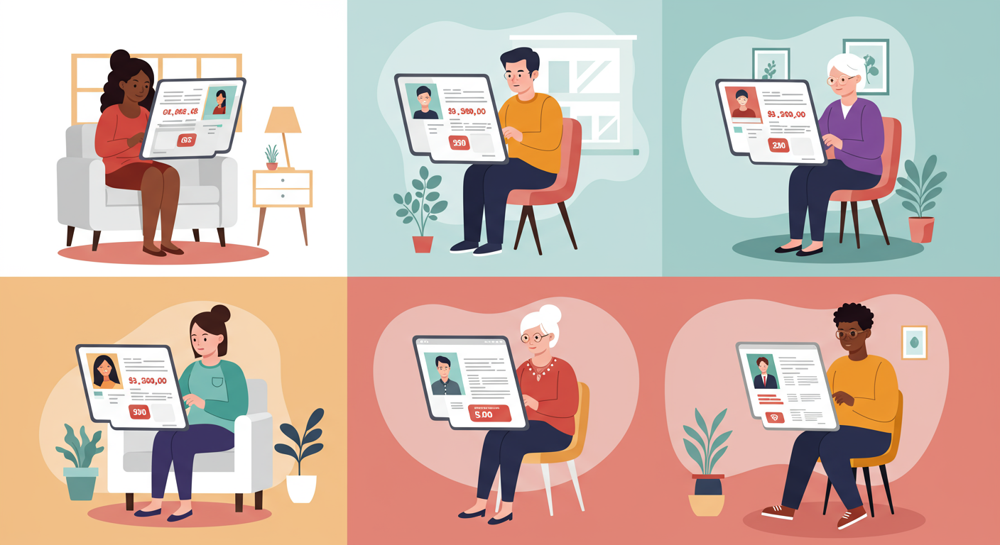 다양한 사람들이 집에서 디지털 기기를 사용하여 여러 보험 계획을 선택하는 모습