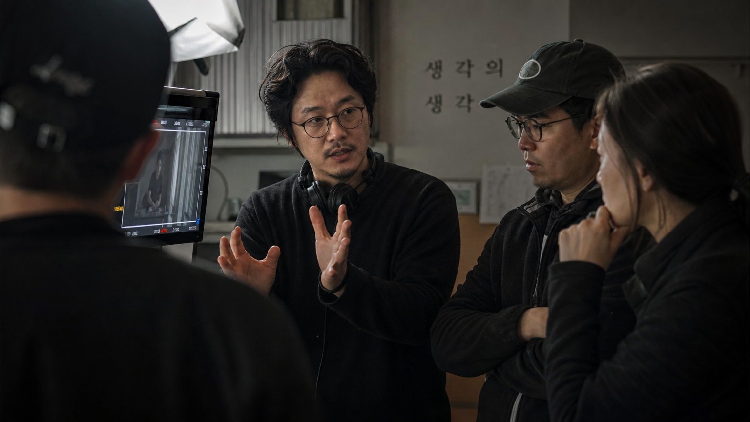 현대적 한국 감독과 제작진의 촬영 현장 모습