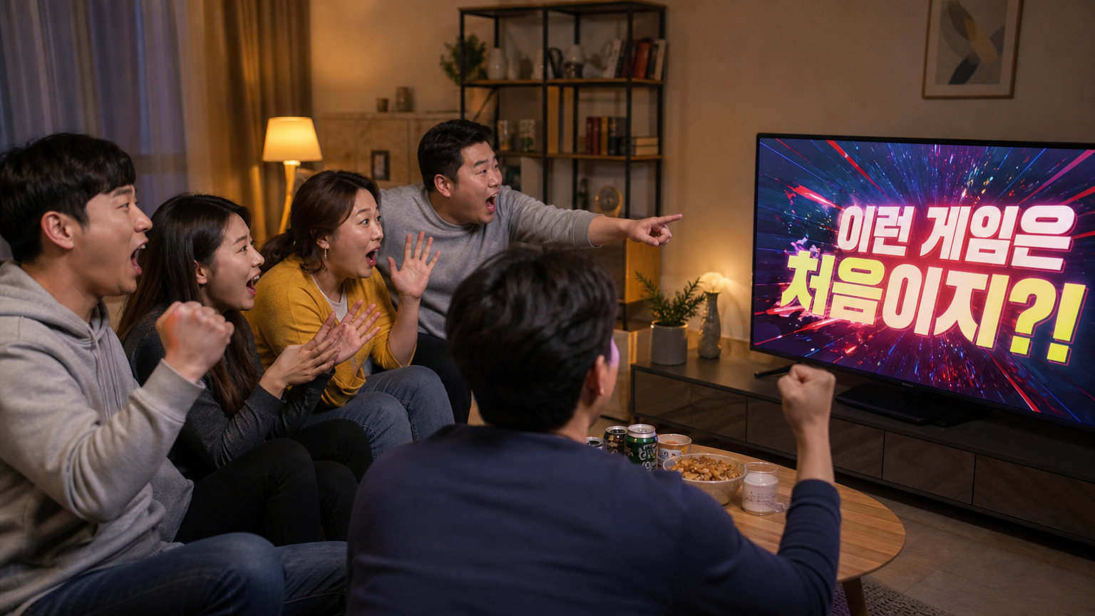 활기찬 거실에서 대담한 인터넷 콘텐츠를 큰 화면으로 시청하는 한국 성인들의 모습