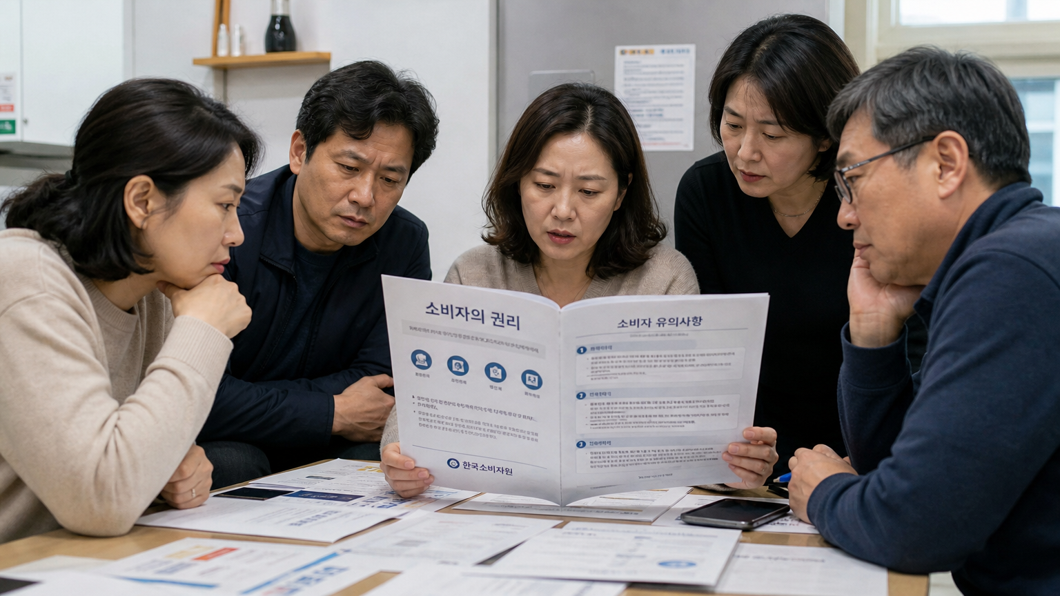 한국 성인들이 소비자 권리와 주의보를 논의하는 장면