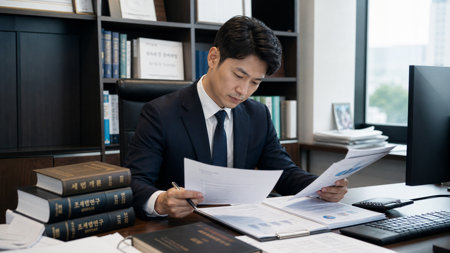사무실에서 문서를 검토하는 한국 비즈니스 전문가