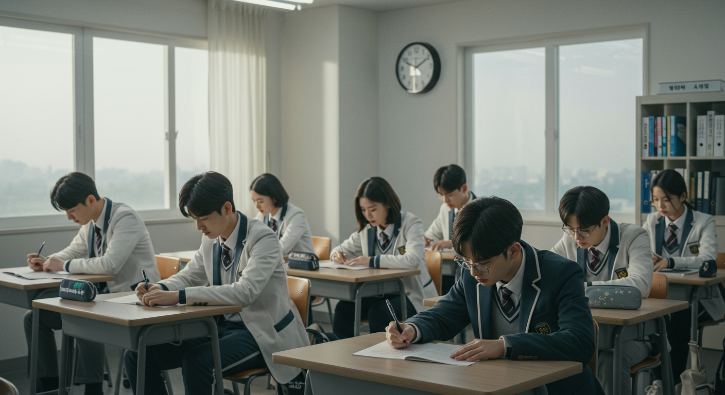 시계가 걸린 현대적인 교실에서 모의고사를 푸는 학생들