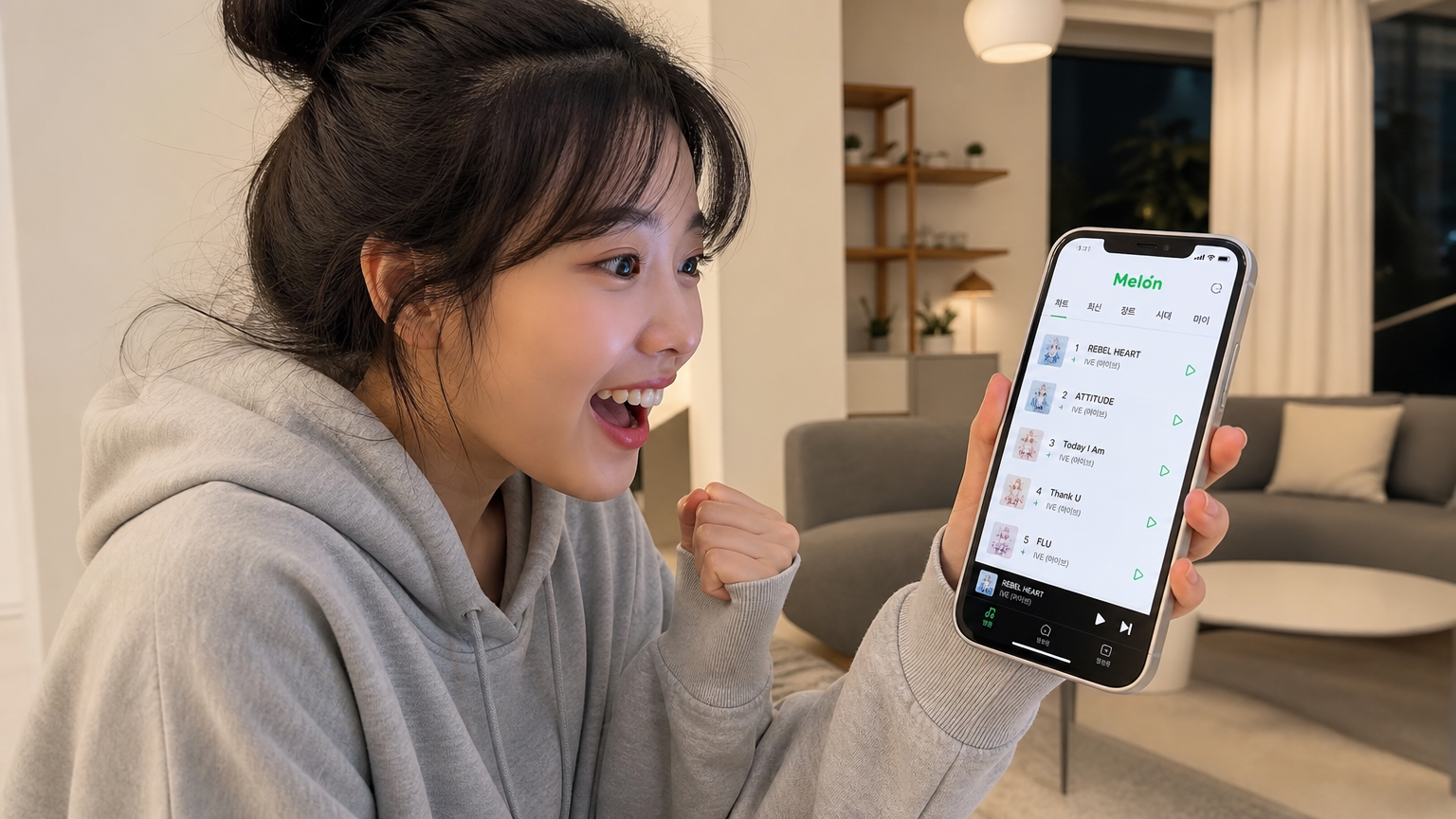음악 팬이 거실에서 스마트폰으로 멜론 차트를 확인하며 기대하는 모습