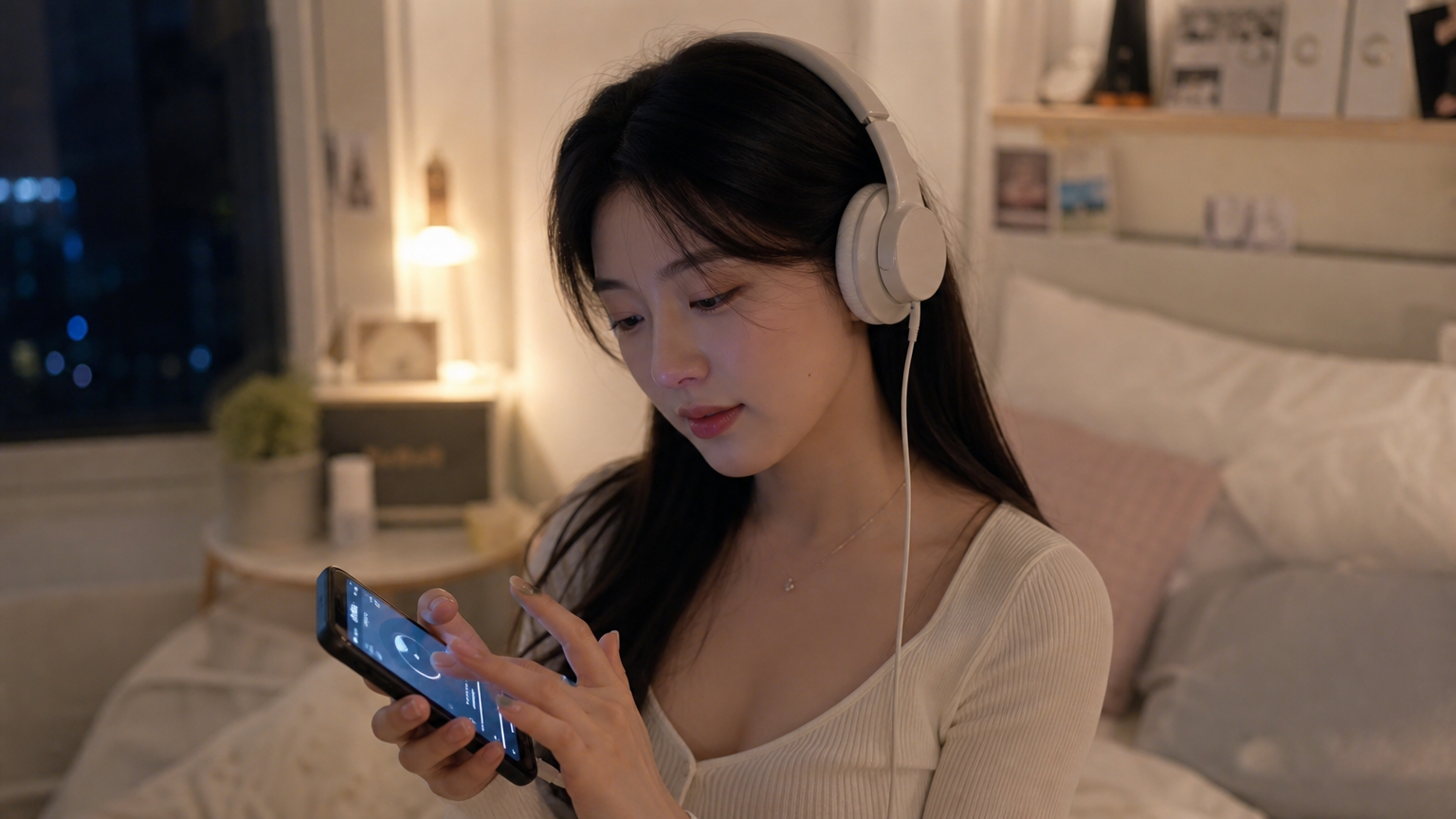 헤드폰을 쓰고 음악을 들으며 휴대폰 볼륨을 조절하는 젊은 여성