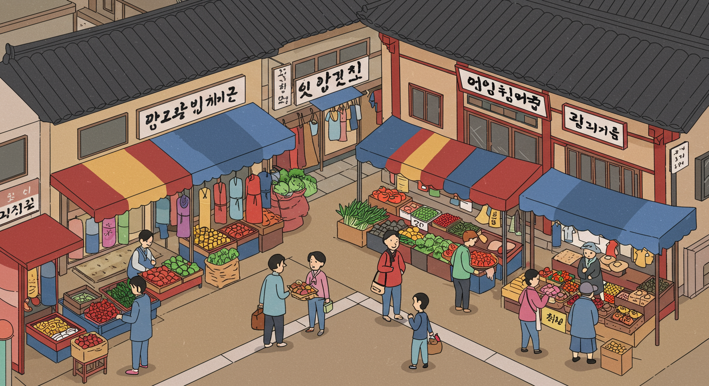 한국 전통시장에서 다양한 소상공인과 고객들이 활발하게 거래하는 장면