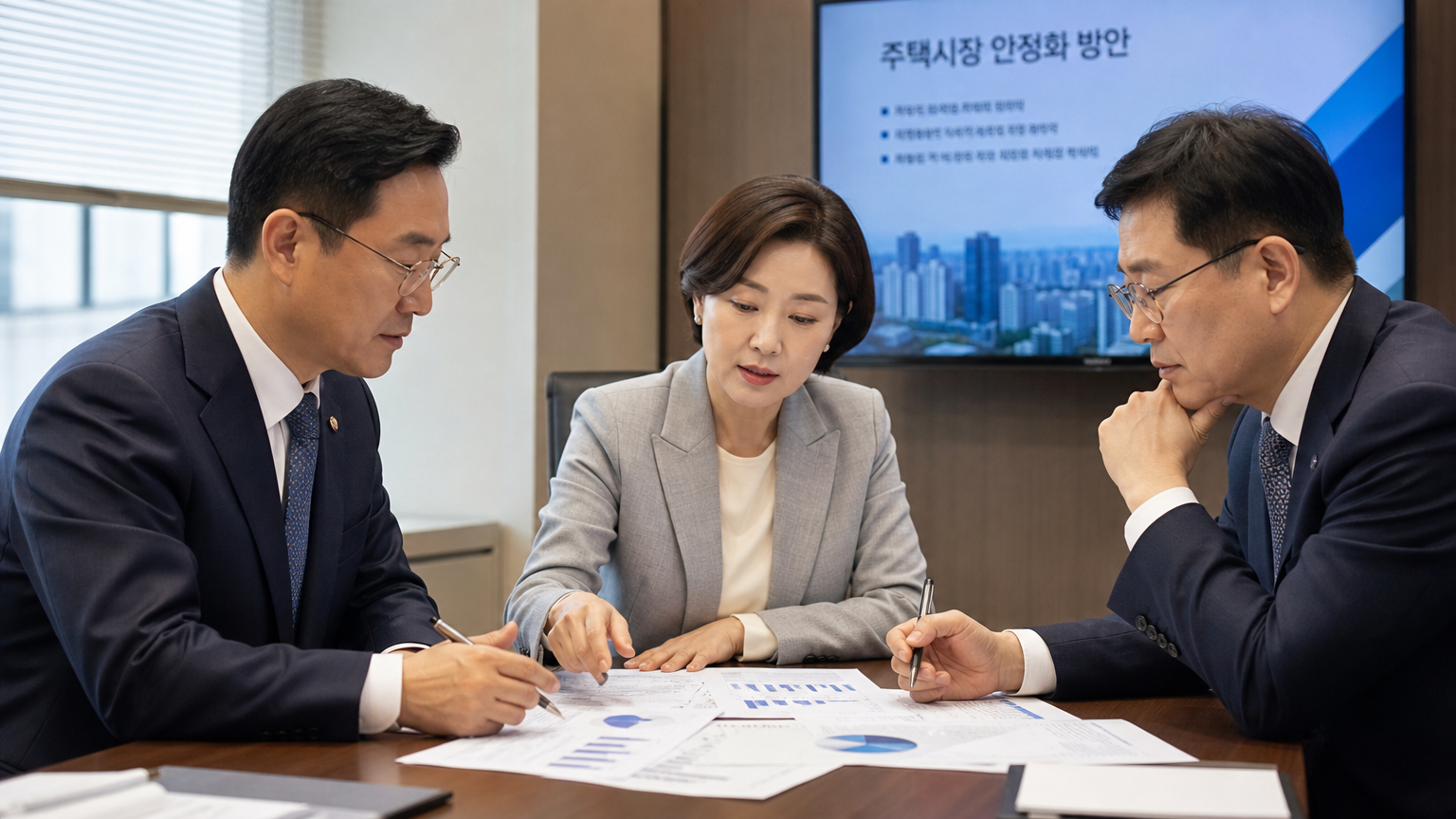 사무실에서 서류를 검토하며 부동산 정책을 논의하는 한국인 전문가들
