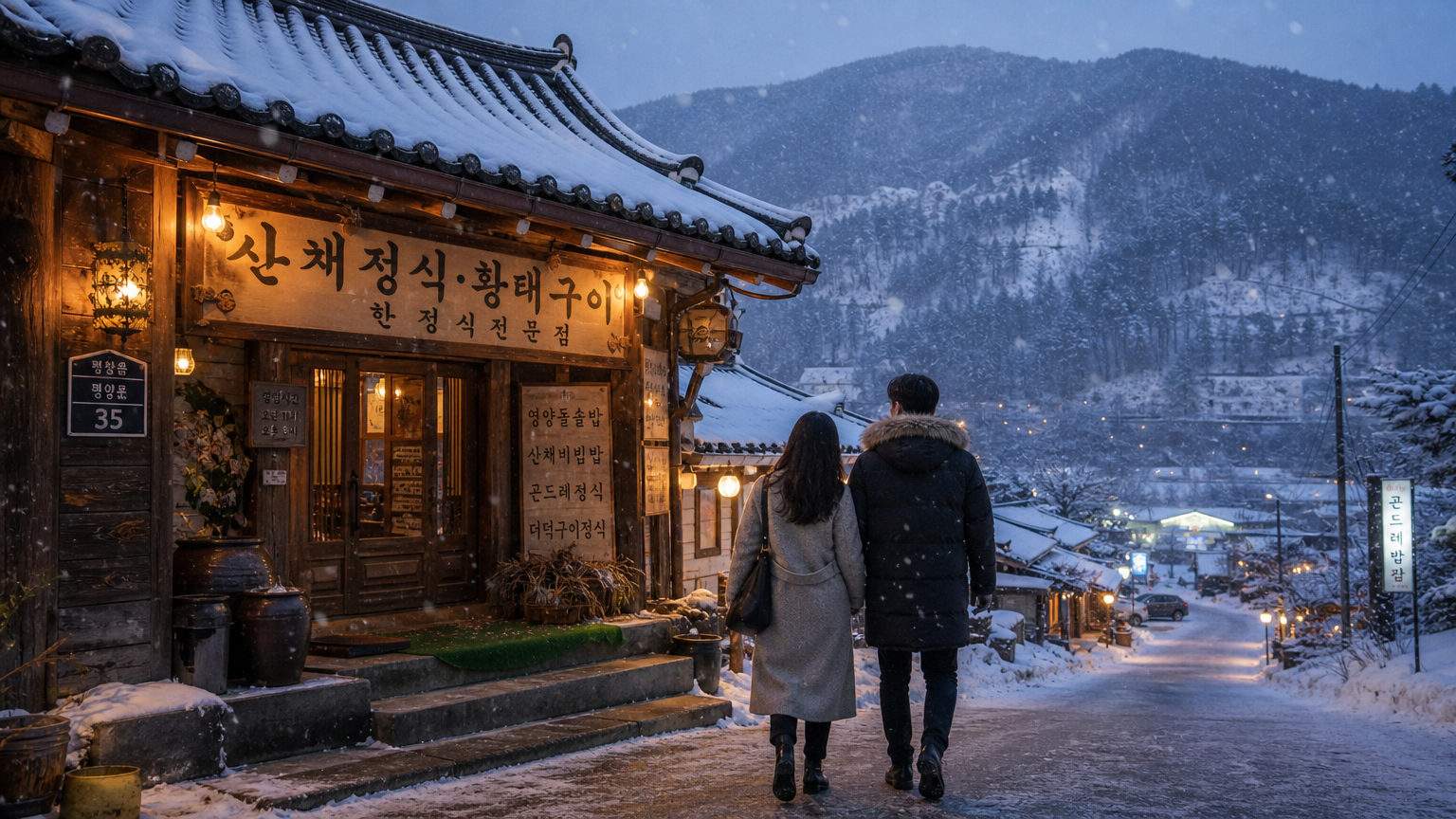 눈 덮인 평창의 겨울 풍경 속에서 따뜻한 전통식당으로 향하는 커플