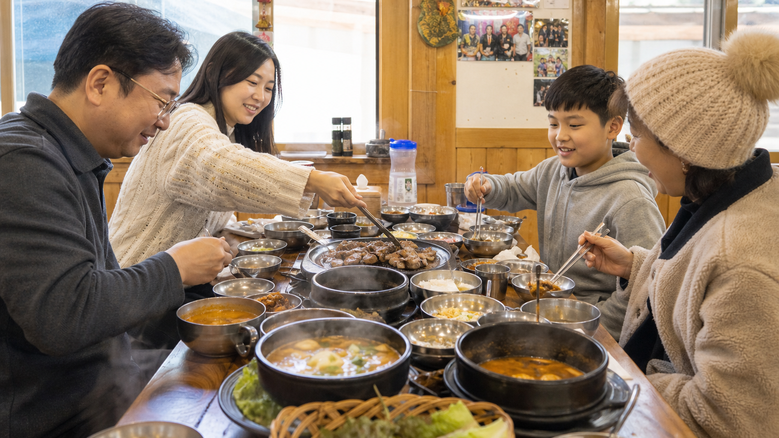 따뜻한 국물 요리와 고기 요리를 즐기는 사람들로 북적이는 전통 식당