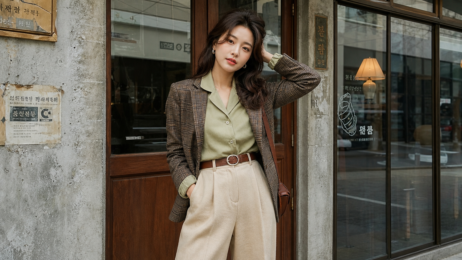 복고풍과 현대적 요소를 결합한 옷을 입은 젊은 여성