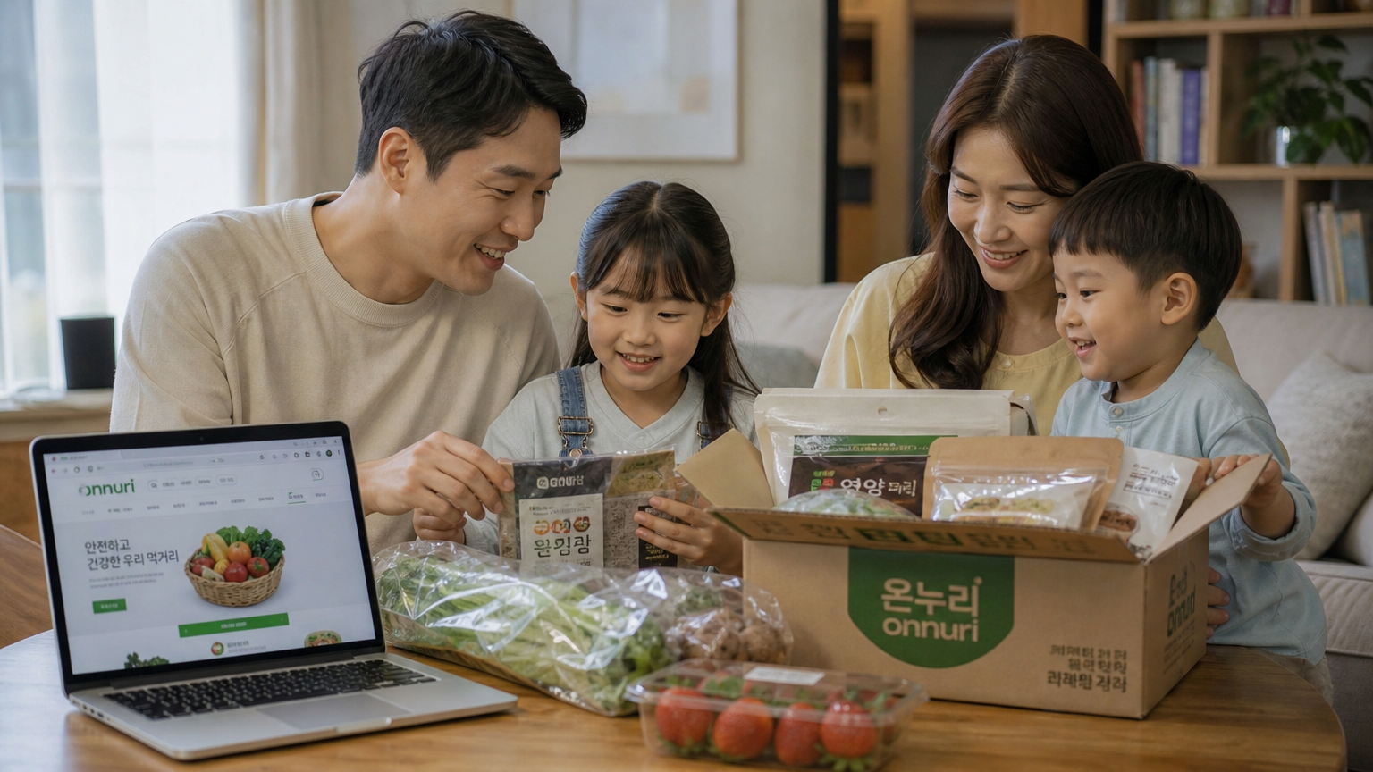 한국 가족이 집에서 온라인으로 주문한 전통시장 물품을 즐기는 따뜻한 가정 분위기