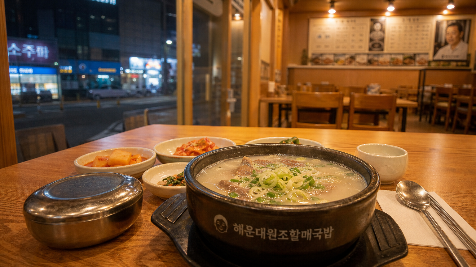 부산 해운대의 아늑한 한국식 식당에서 따뜻한 한우 곰탕이 놓인 테이블