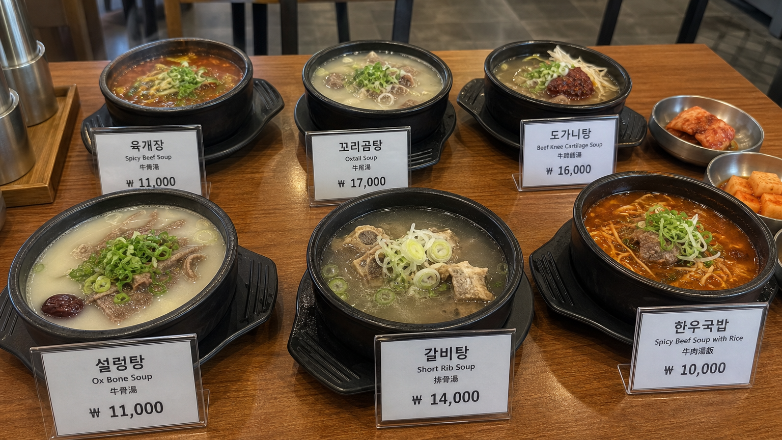 각기 다른 종류의 한국식 소고기 탕들이 테이블 위에 배치되어 있는 모습
