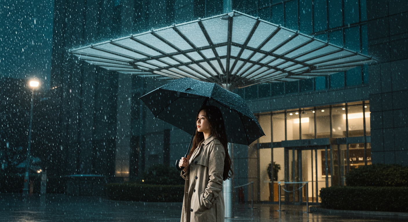 도시 건물 아래 우산을 들고 있는 여성이 빗속에서 고민에 빠져있는 모습