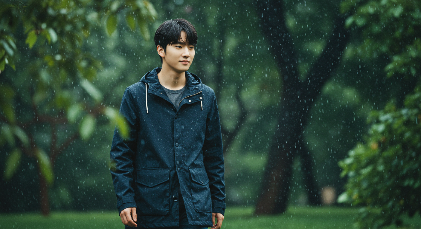 우산 없이 공원에서 빗속을 걷는 젊은 남성이 차분하게 주변 자연과 함께 있는 모습