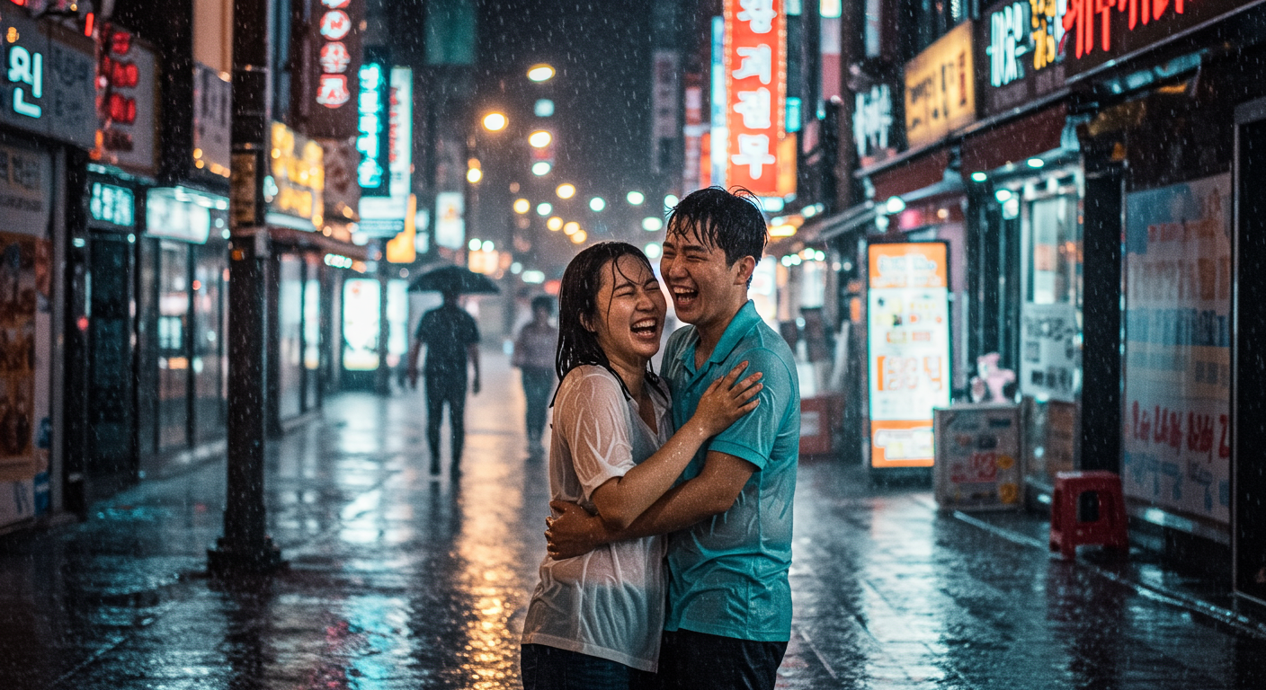 밤 거리에서 폭우 속에 젖어 웃고 있는 한국인 커플의 순간