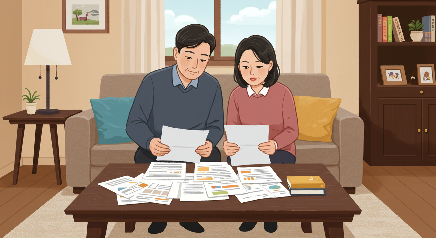 집에서 할인 정책 문서를 검토하는 부모들