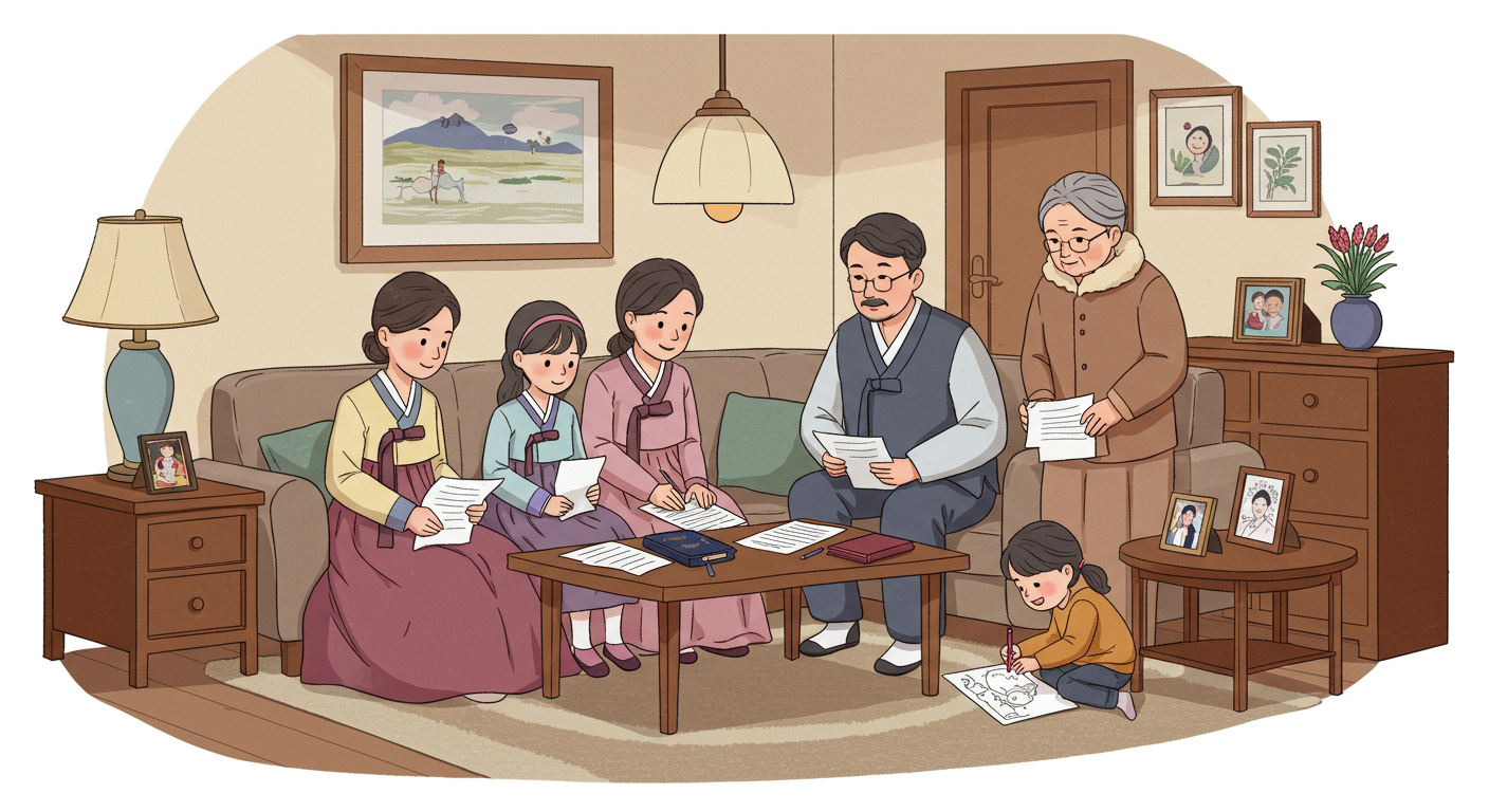 거실에서 서류를 준비하는 한국 가족