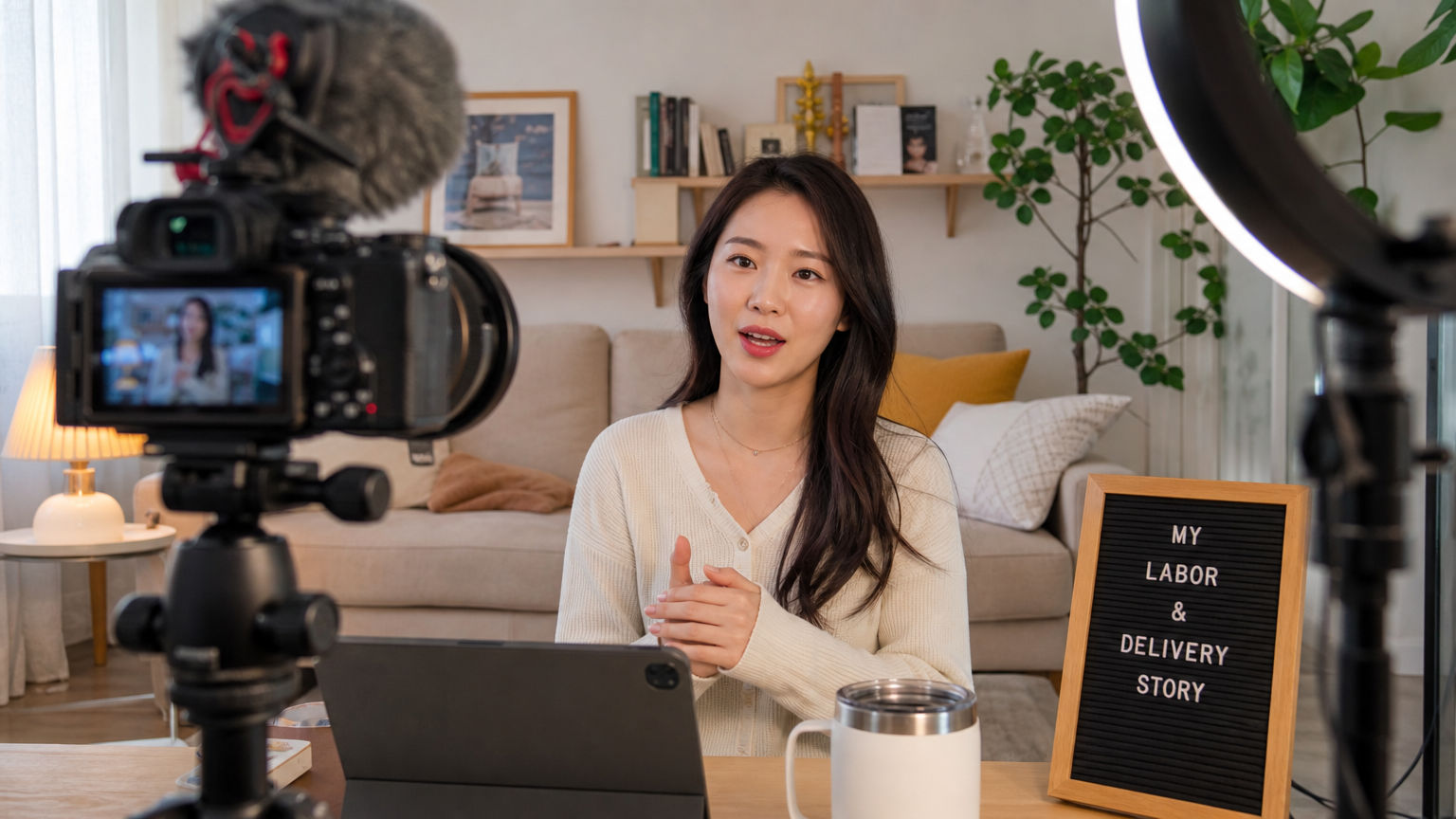 거실에서 카메라 장비를 두고 출산 경험을 영상으로 기록하는 여성