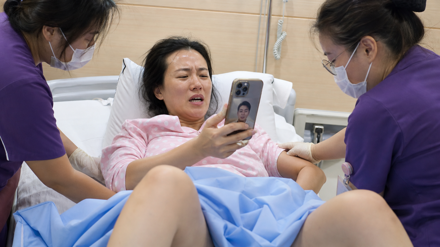 병원 침대에서 진통 중인 여성과 스마트폰으로 남편과 영상통화하는 모습