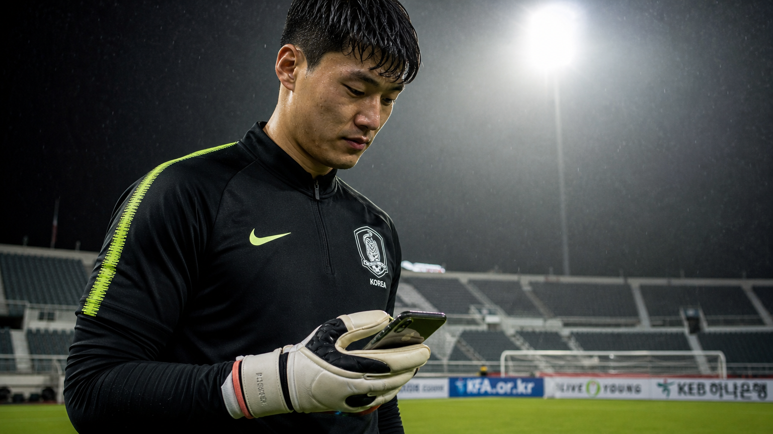 축구 경기장에서 훈련하며 가족 사진을 보는 골키퍼