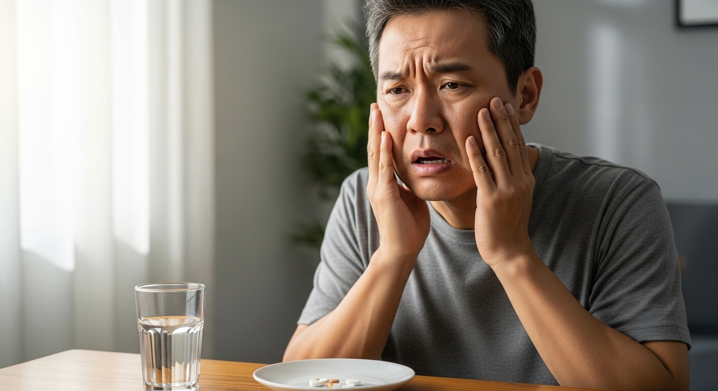 한국 남성이 입안 통증으로 불편해하는 모습