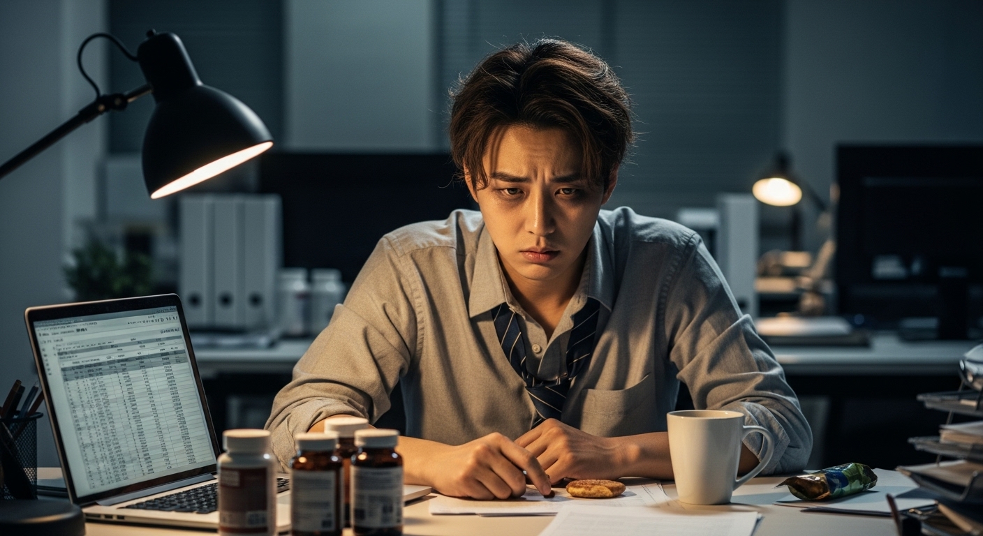 책상 앞에서 피곤하고 스트레스를 받는 직장인의 모습과 비타민 보충제