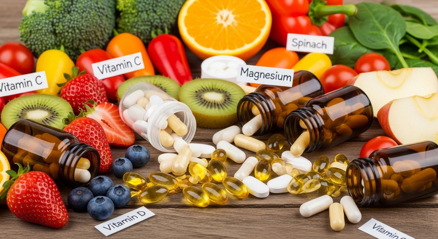 다양한 비타민과 신선한 과일 및 채소가 놓인 식탁