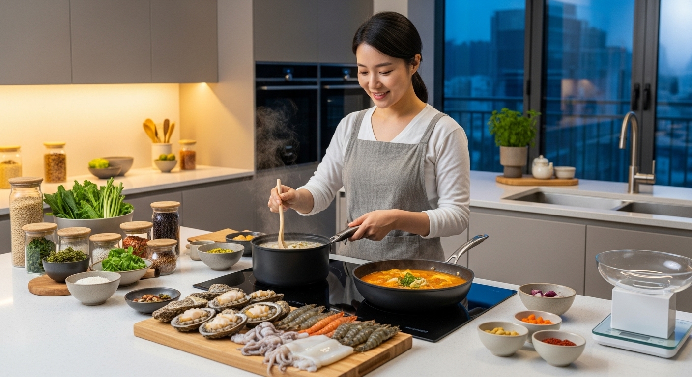 현대식 주방에서 건강하게 조리된 해산물 요리를 준비하는 여성