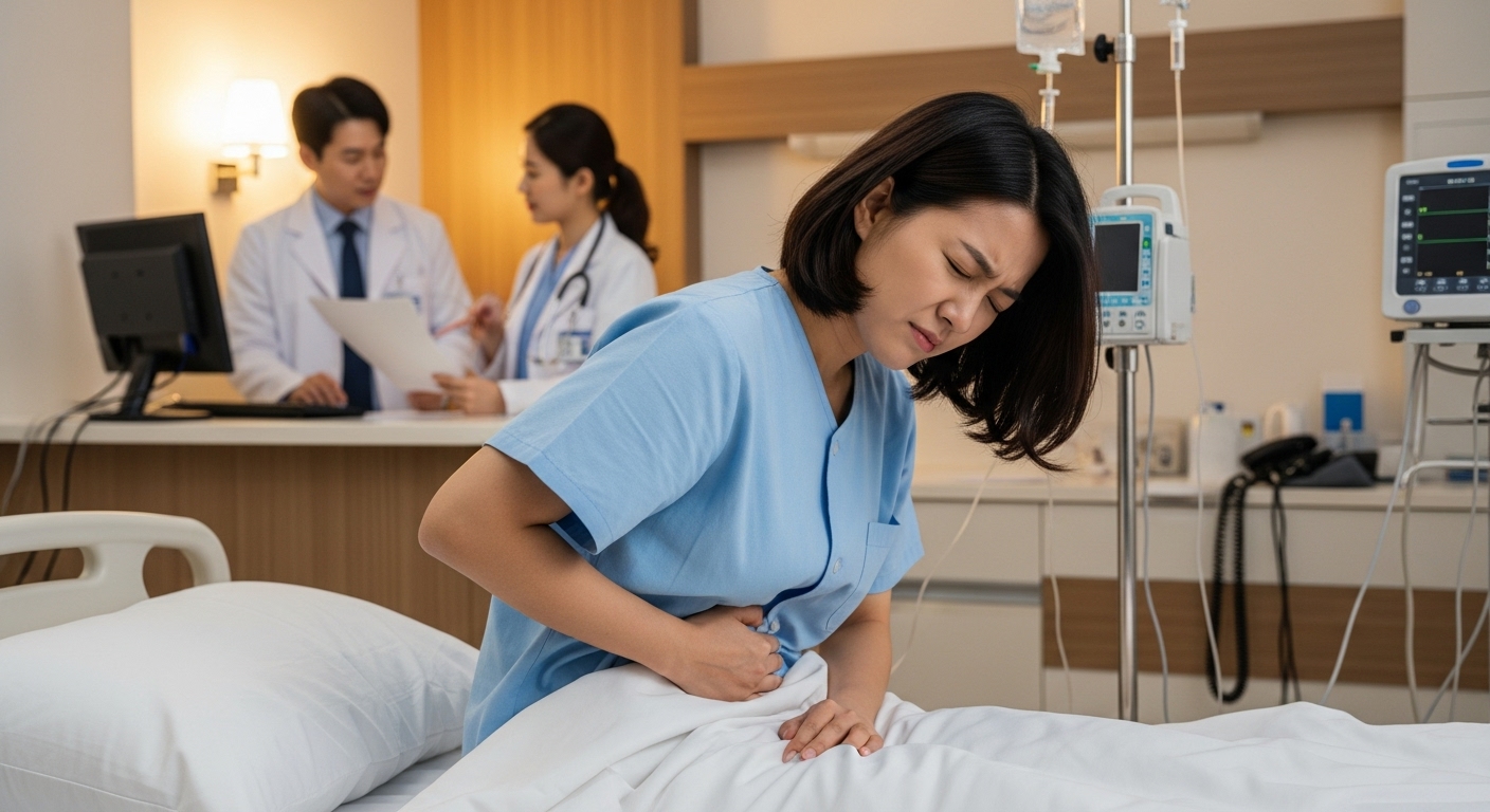 병원에서 옆구리를 움켜쥔 채 고통스러워하는 여성 환자와 의료진