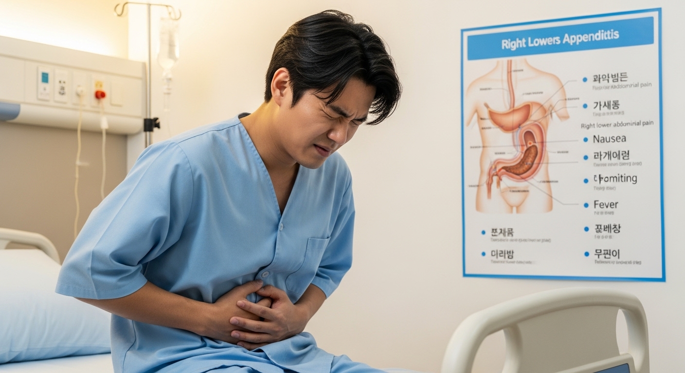복부 불편감을 느끼는 환자와 벽에 걸린 맹장염 증상 포스터